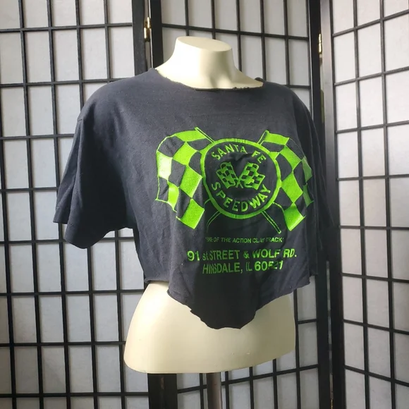 Vintage Santa Fe Speedway Custom Cropped Black Midriff T-shirt / Green on Black - Picture 9 of 15